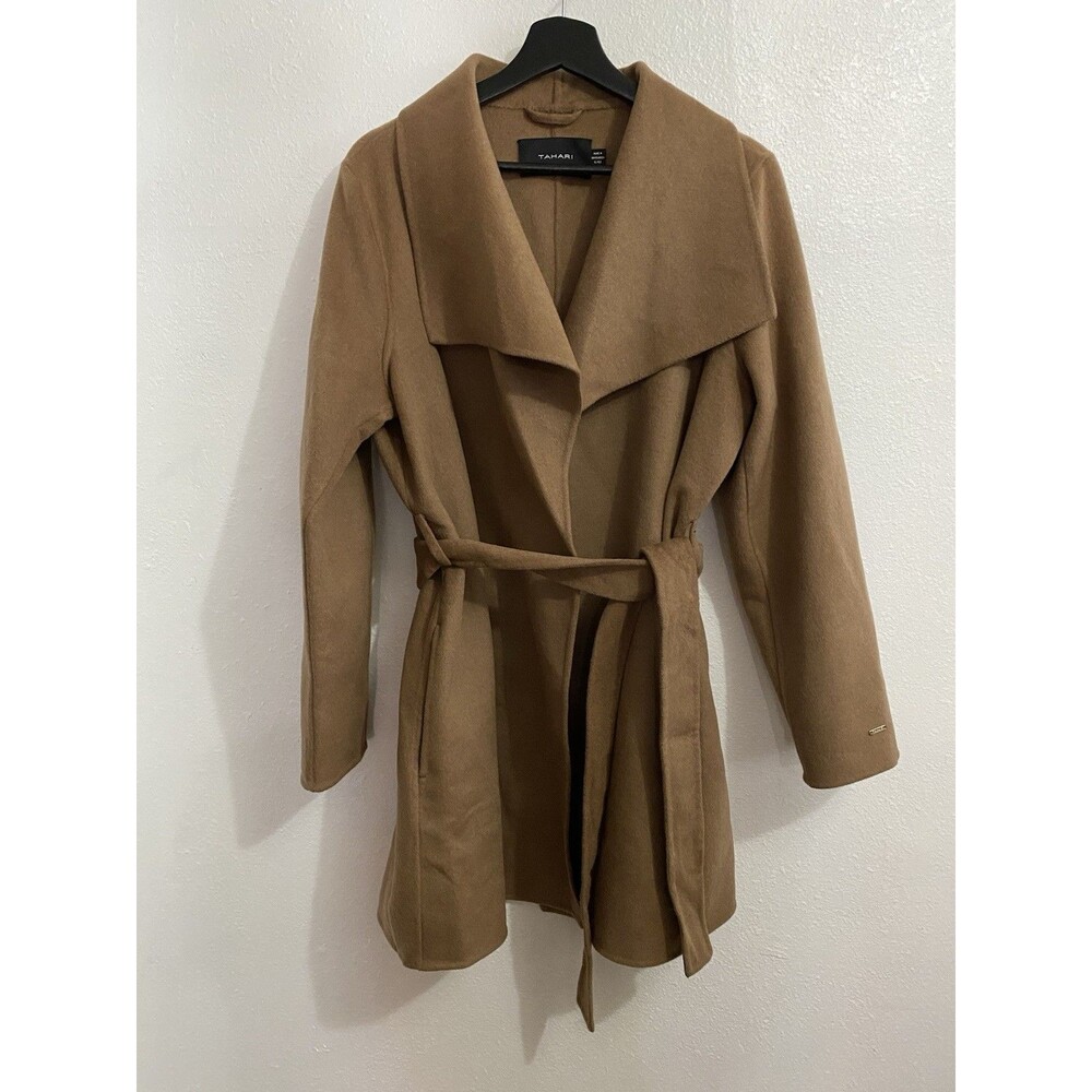 Tahari Wool Belted Wrap Coat Beige Mid Length Tan Collared Size XL
